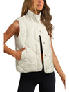 Beige Quilted High Neck Button Up Pocket Vest Coat