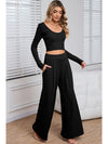 Black Plain Ribbed Crop Top & Wide Leg Pants Two Piece Pants Set