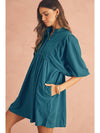 Light Blue Snap Button Empire Waist Lantern Sleeve Corduroy Dress