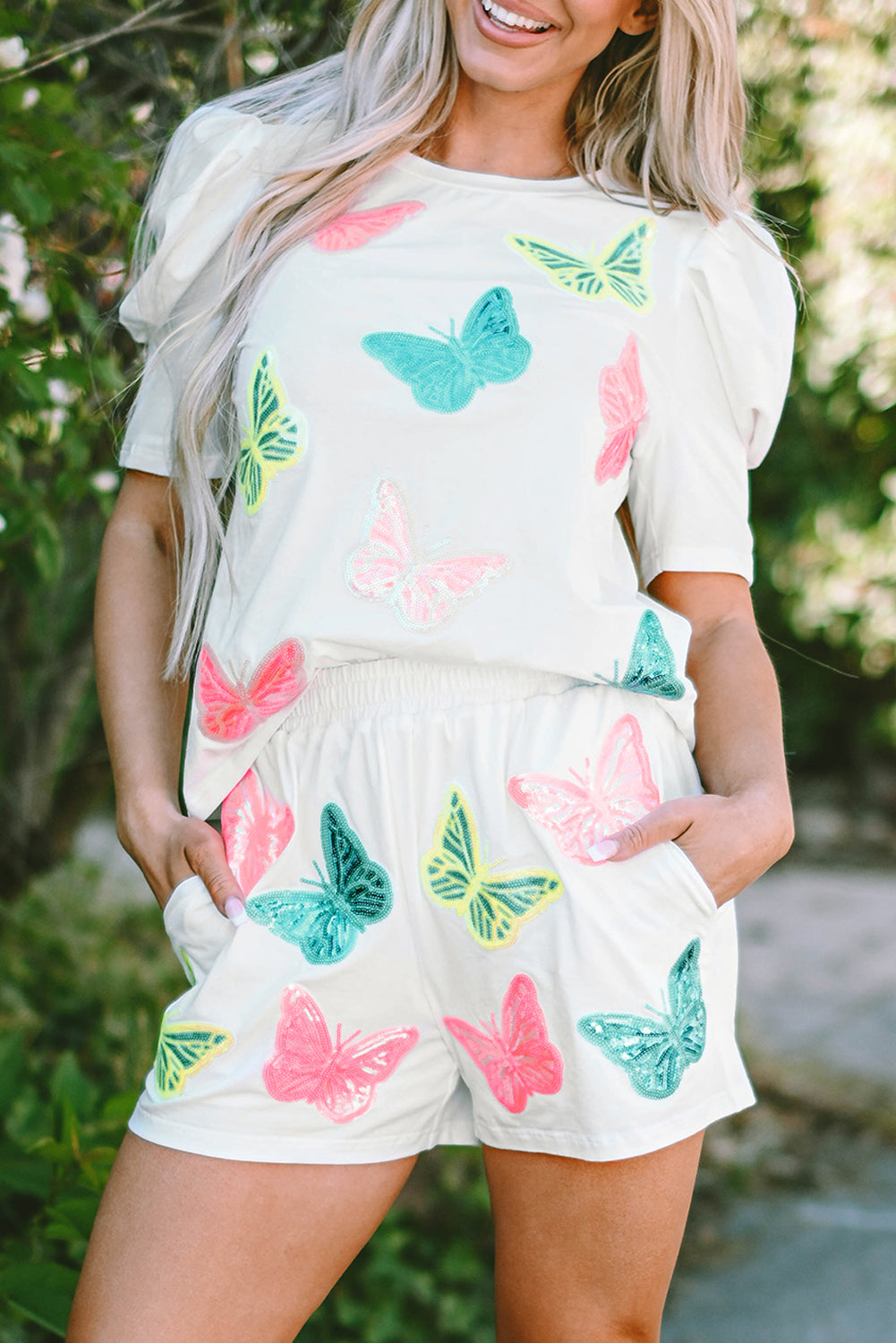 White Colorful Sequin Butterfly Pattern Puff Sleeve Top & Shorts Set