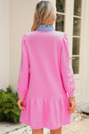 Pink Striped Collar Long Sleeve Ruffle Hem Dress