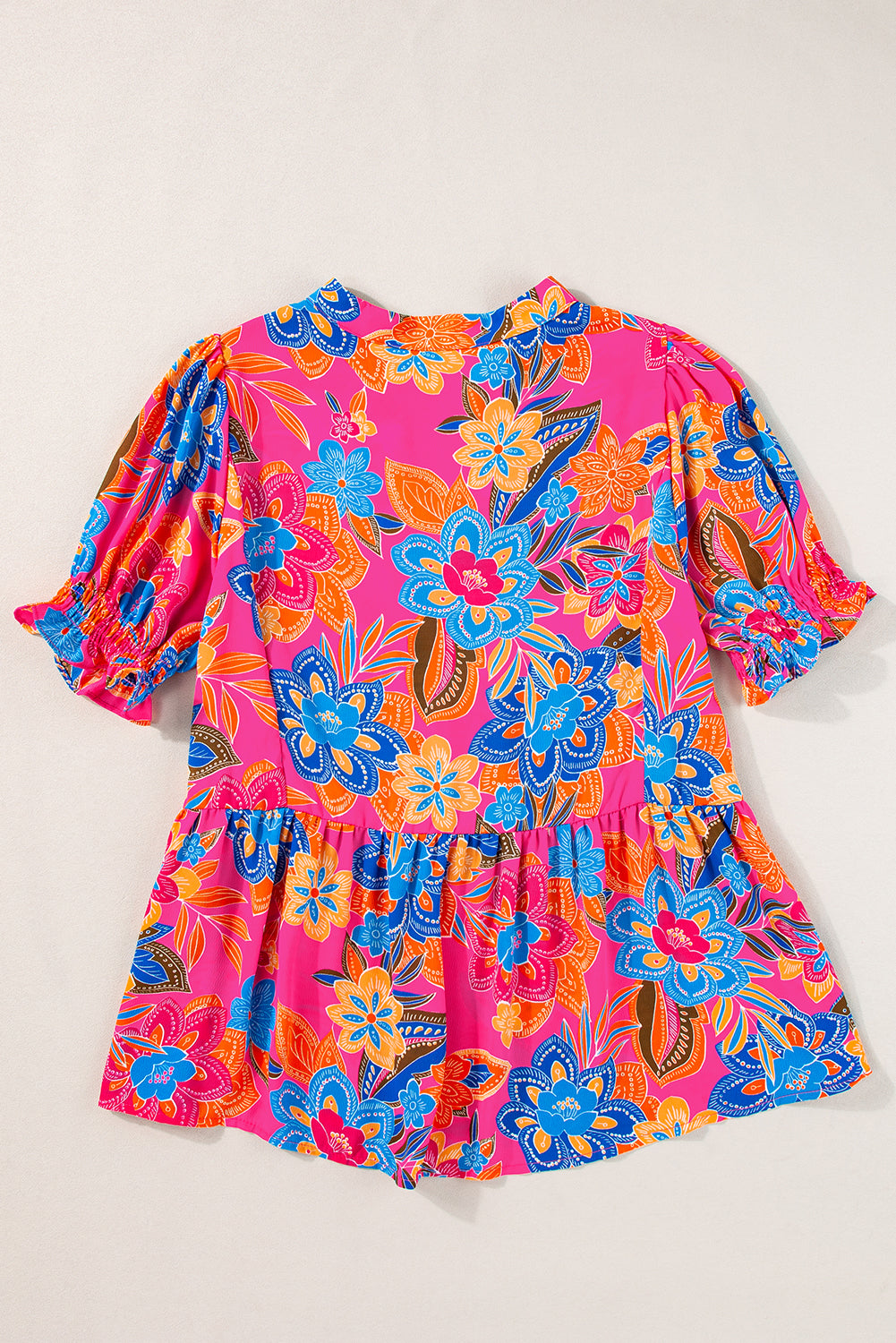 Rose Abstract Print Smocked Puff Sleeve V Neck Peplum Blouse