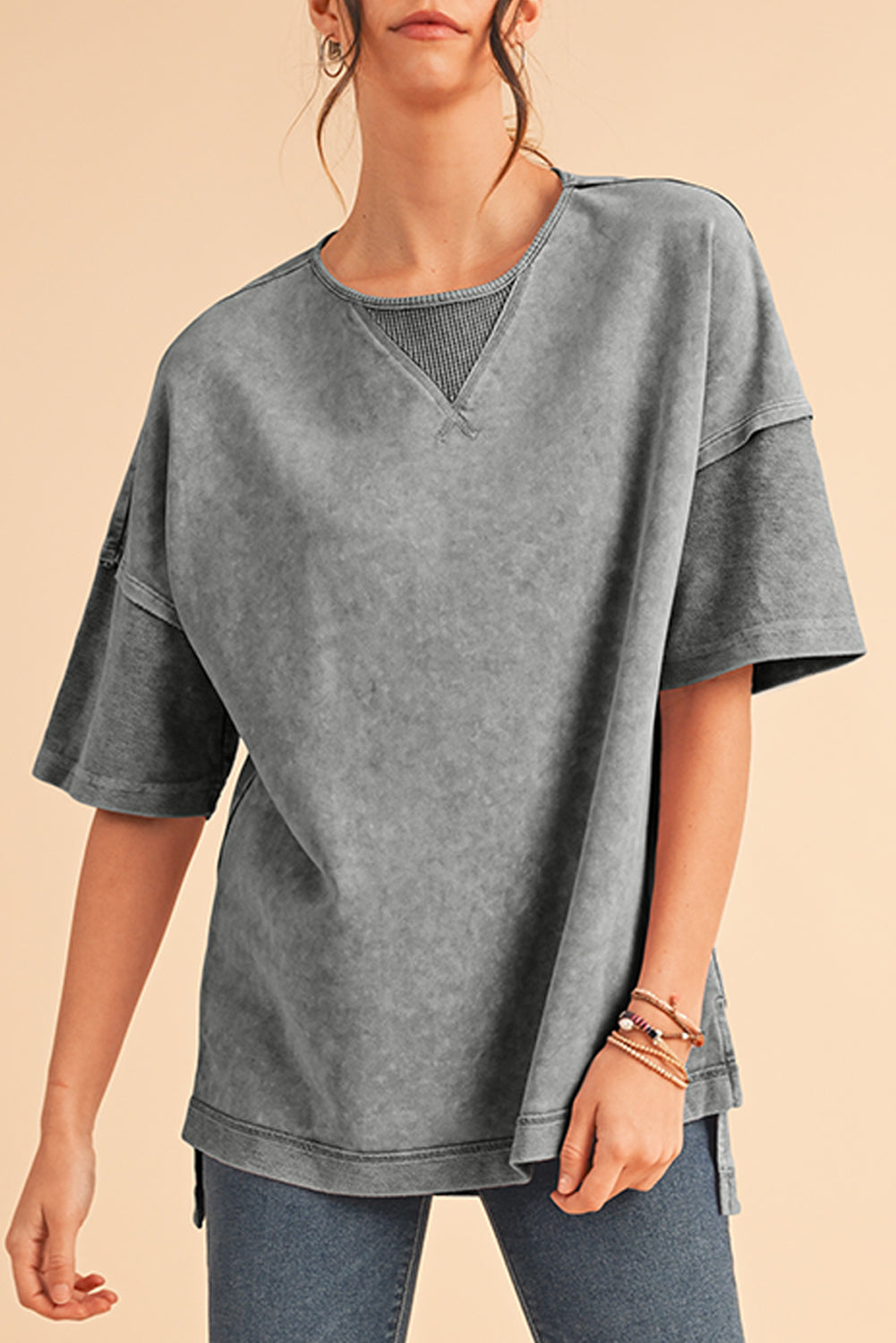 Orchid Petal Mineral Wash Exposed Seam Drop Shoulder Oversized Tee