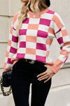 Black Checkered Crew Neck Drop Shoulder Knit Sweater