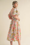 Apricot Pink Floral Knot Front Smocked Bubble Sleeve Dress