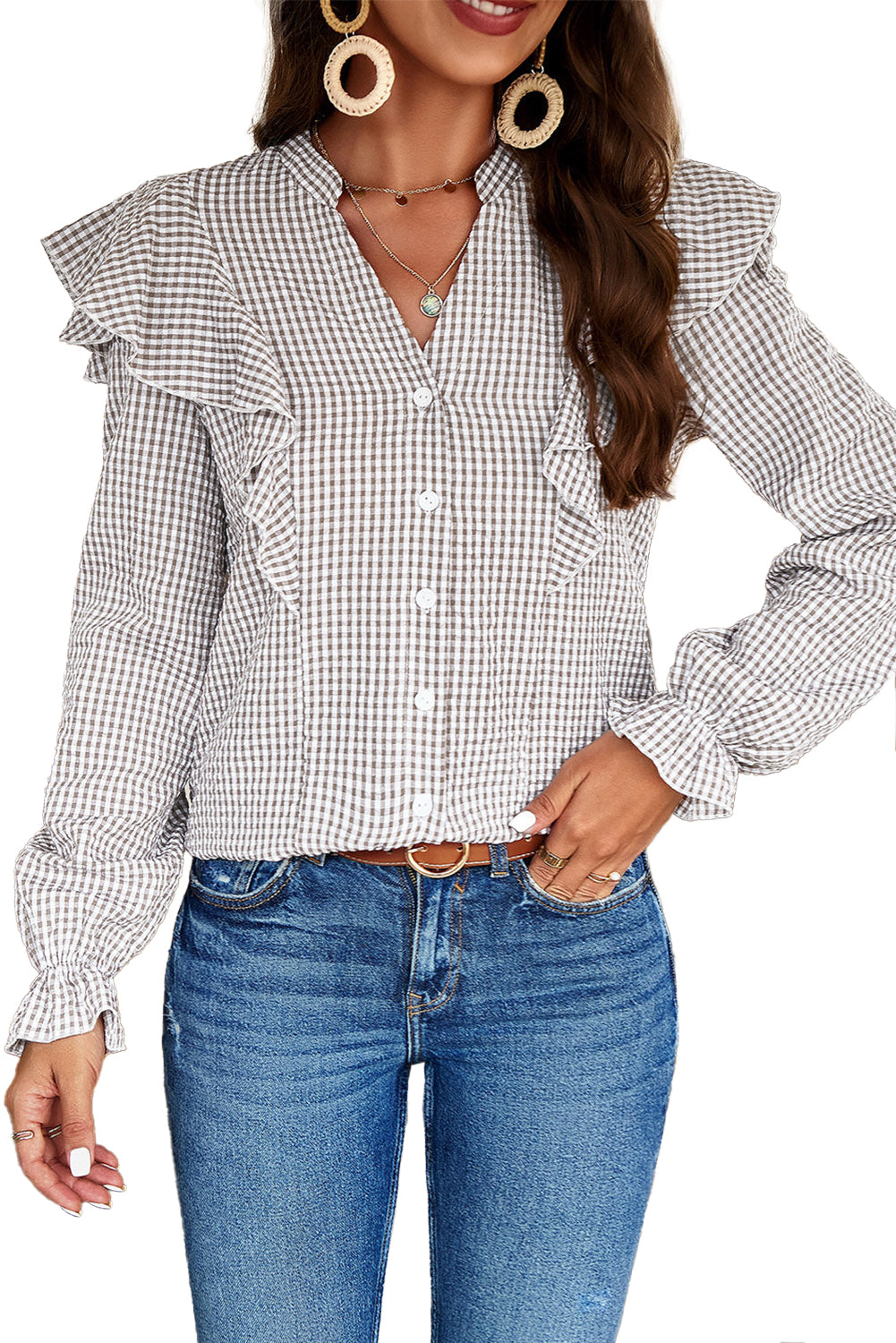 Brown Plaid Puff Sleeve Ruffle Blouse