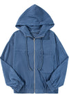 Real Teal Corduroy Drawstring Hooded Pocket Zip Up Jacket