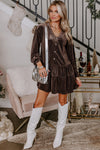 Dark Brown Textured Velvet V Neck Button Mini Dress