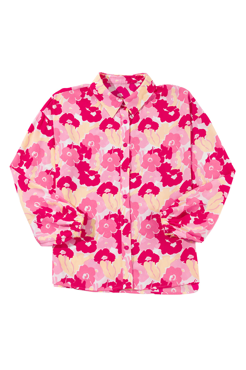 Pink Blooming Floral Print Puff Sleeve Buttoned Shirt