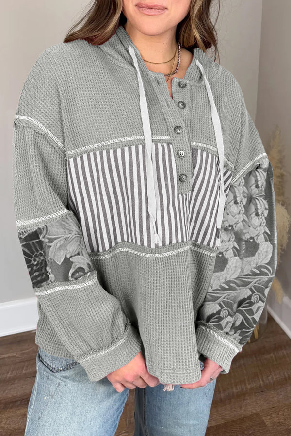 Gray Mixed Waffle Knit Patchwork Henley Plus Size Hoodie