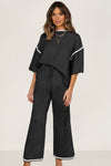Navy Blue Loose Contrast Trim Half Sleeve Top and Drawstring Pants Set