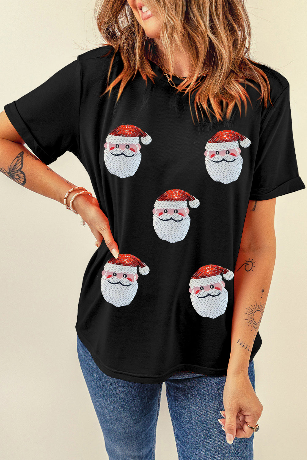 Red Sequin Christmas Claus Pattern Crewneck T Shirt