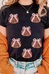 Black Sequin Bow Pumpkin Patched Cotton Blend T Shirt