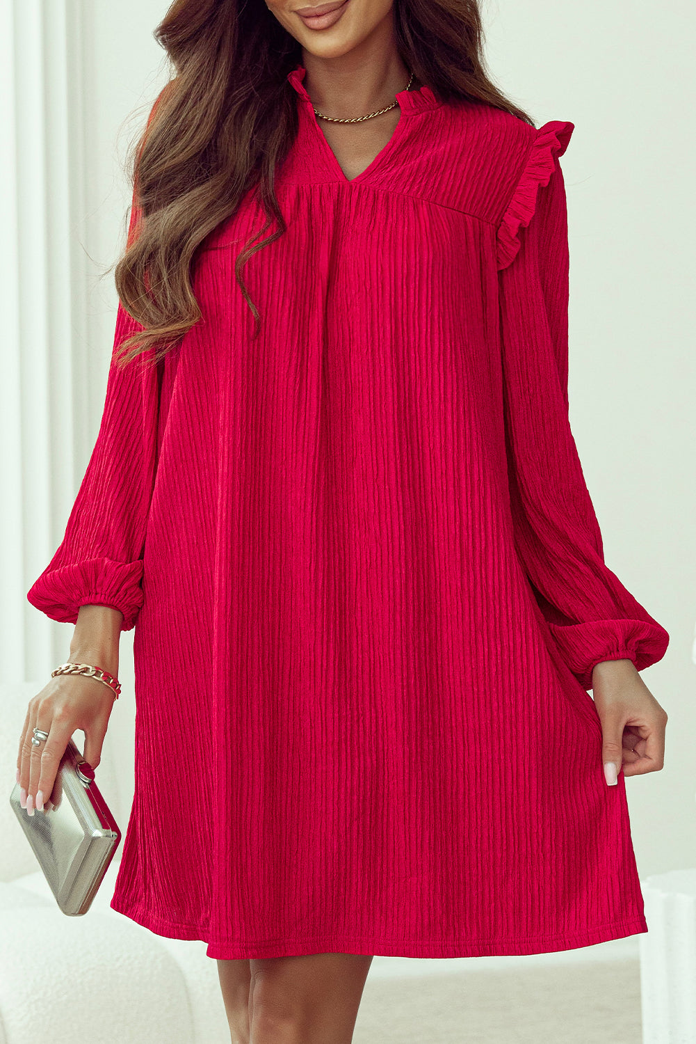 Fiery Red Frill Trim V Neck Loose Fit Ribbed Mini Dress