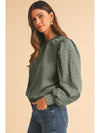 Black Eyelet Embroidered Patchwork Sleeve Ribbed Sweatshirt