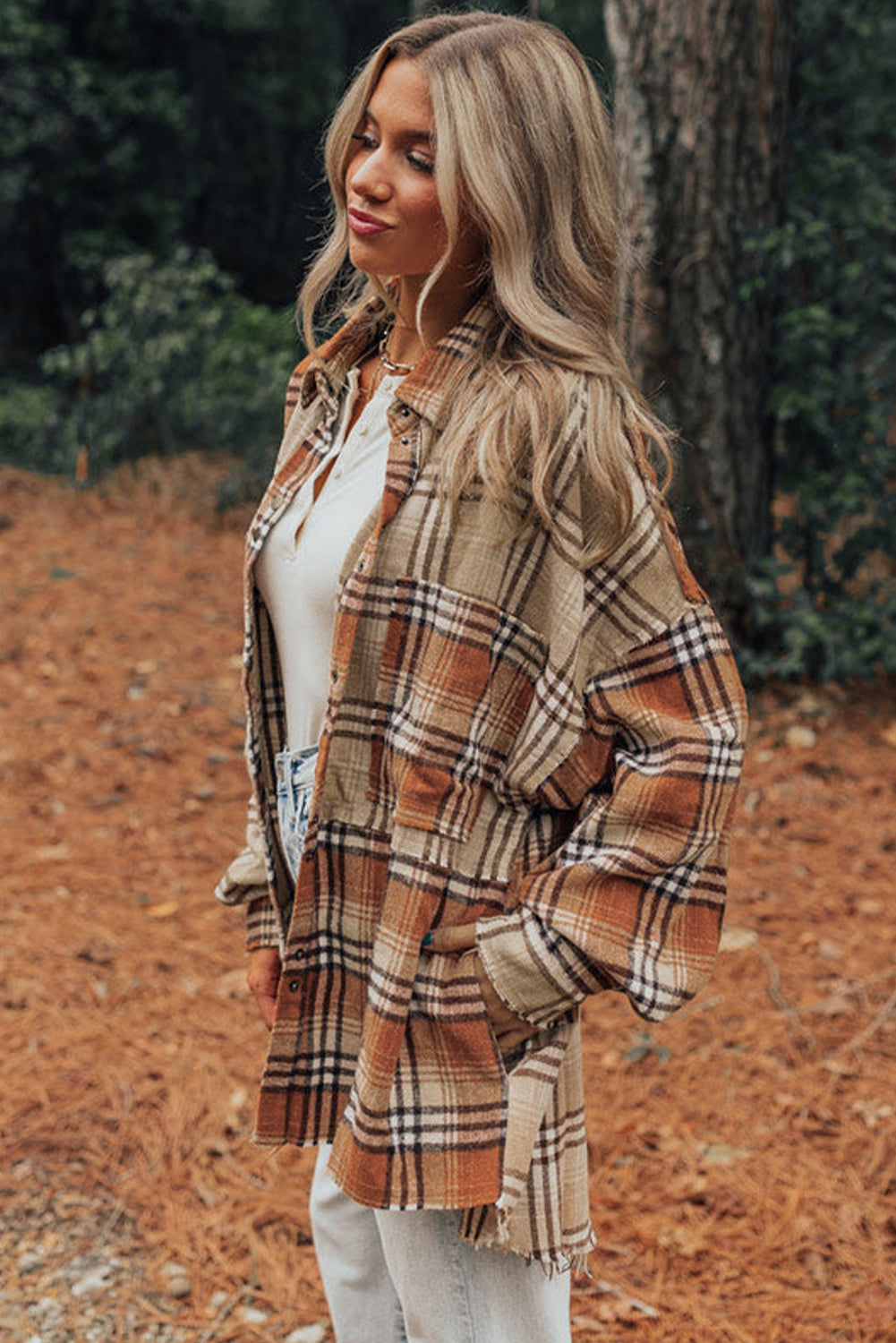 Khaki Plaid Pocket Colorblock High Low Shacket