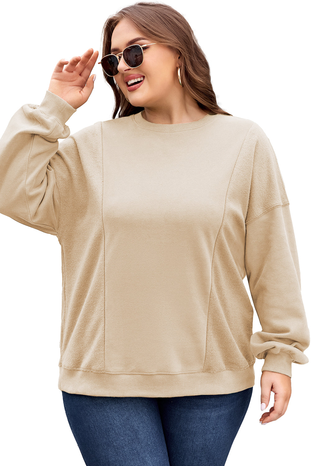 Apricot Loose Patchwork Crewneck Plus Size Sweatshirt