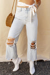 Light Blue High Rise Ripped Frayed Hem Straight Jeans