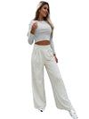 Beige Slim Fit Crop Top and Wide Leg Pants Set