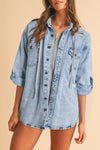 Mist Blue Oversized Hooded Patchwork Denim Jacket