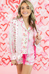 Pink Mixed Floral Print Contrast Piping Trim Satin Tie Pajama Set