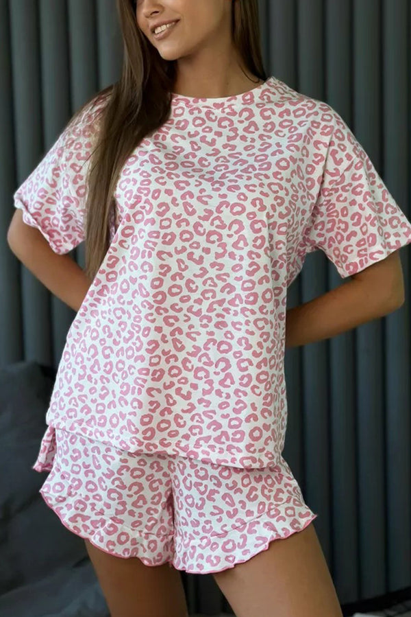 Pink Leopard Print Round Neck Top and Ruffle Trim Shorts Two Piece Pajama Set