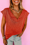 Orange Solid Color Split V Neck Knit Top