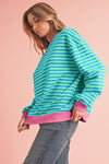 Blue Stripe Contrast Edge Cross Seam Oversized Pullover