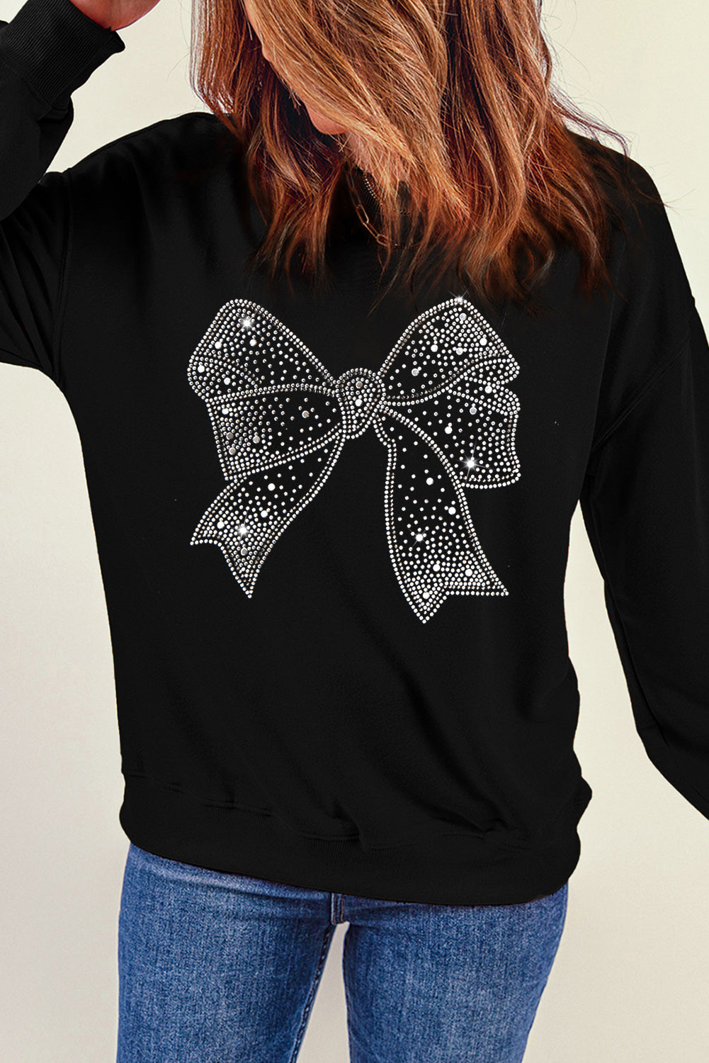 Black Rhinestone Bowknot Graphic Crewneck Pullover Sweatshirt