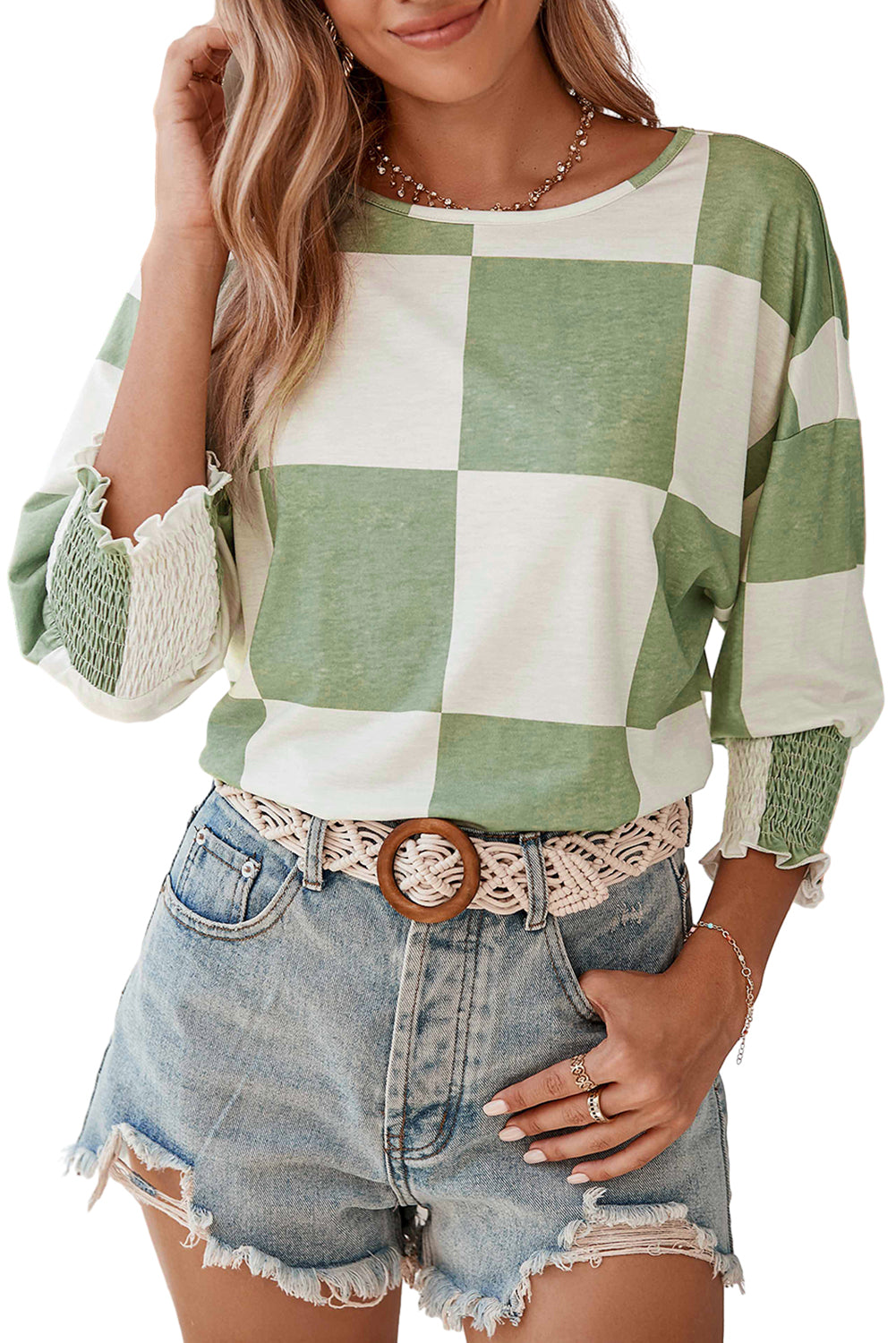 Grass Green Checkered Ruffle Smocked Cuffs Tee