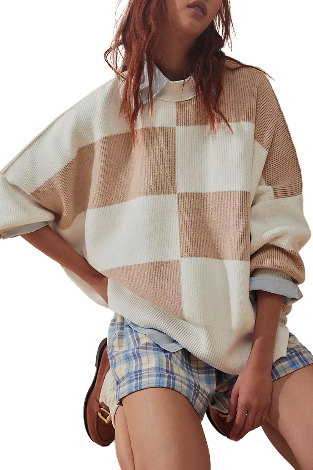 Green Checkered Side Slits Drop Shoulder Oversized Sweater