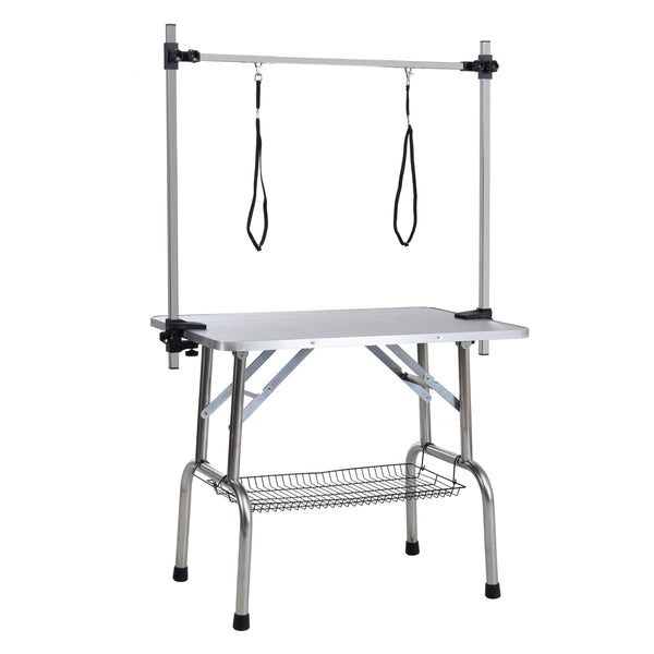 42' Folding Dog Pet Grooming Table Stainless Steel Frame Rubber Mat on Board with Adjustable Arm and Clamps pet dog Cat Grooming Table (SILVER-GRAY COLOR)
