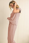 Blue Solid Corded Short Sleeve T Shirt and Wide Leg Pants Set