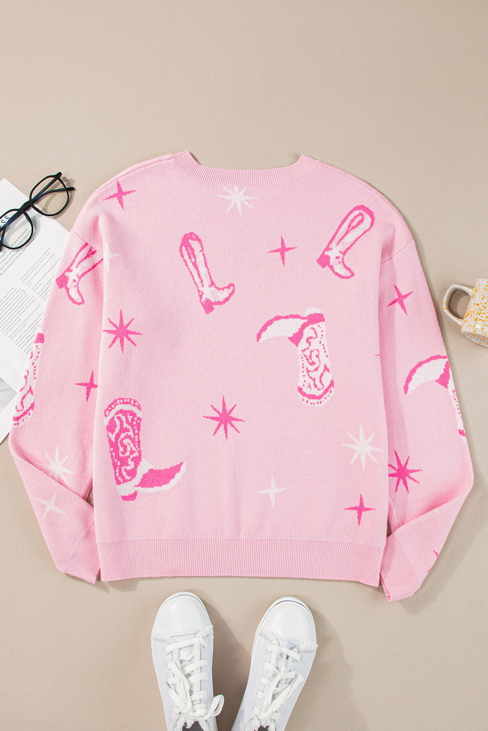 Pink Boots & Star Print Round Neck Sweater