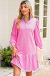 Pink Striped Collar Long Sleeve Ruffle Hem Dress