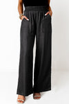 Black Side Pockets Frilled Smocked High Waist Wide Leg Jeans