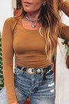 Chestnut Solid Color Long Sleeve Slim Fit Top