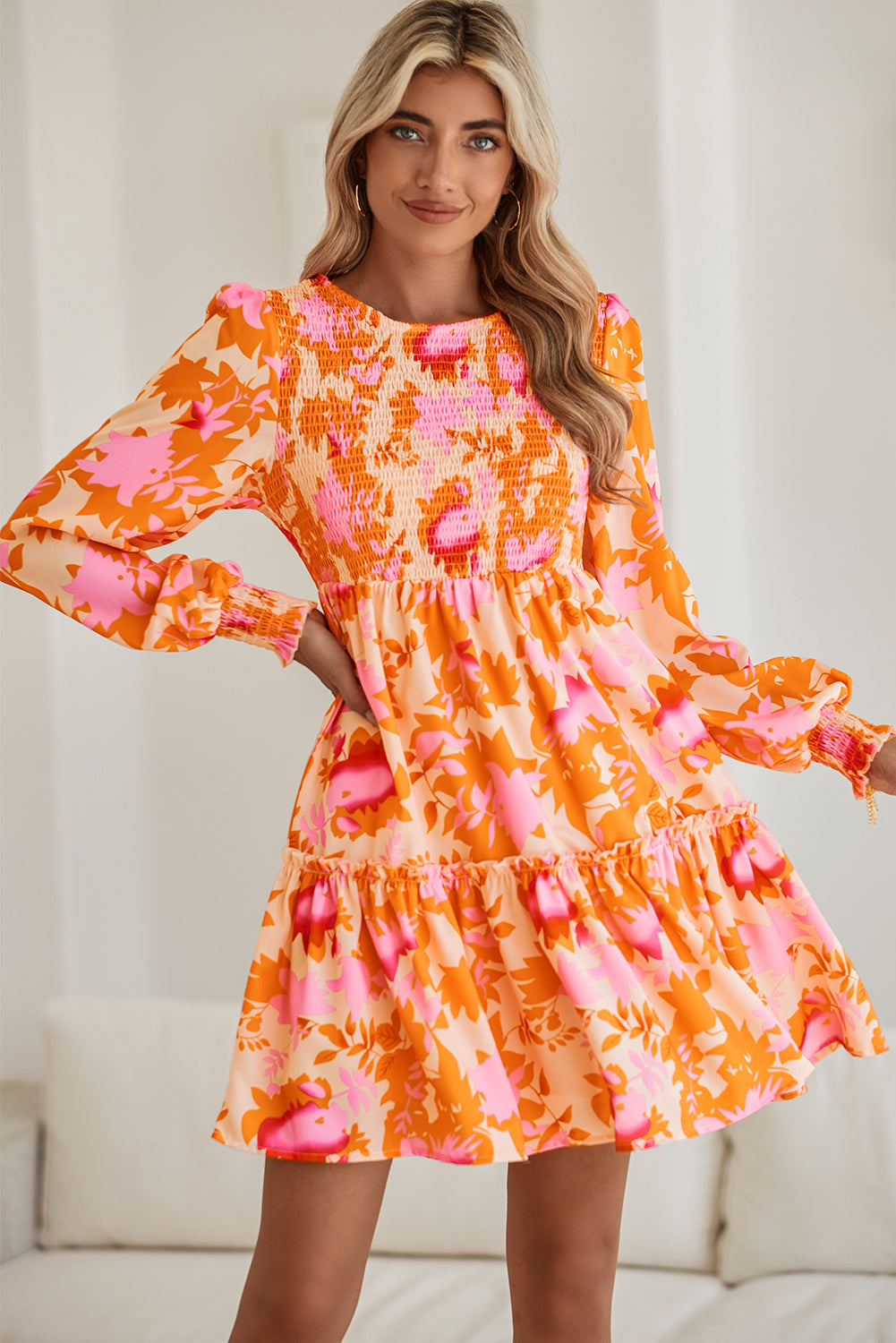 Orange Abstract Print Smocked Bust Lantern Sleeve Ruffle Mini Dress