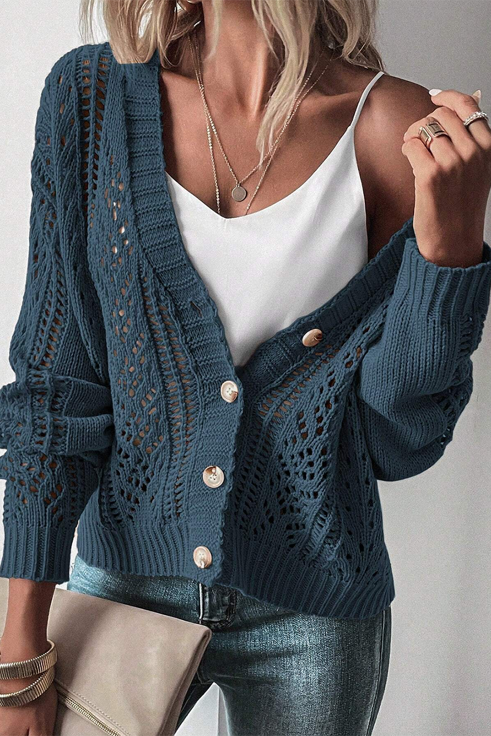 Beige Hollow Knit Drop Shoulder Cardigan