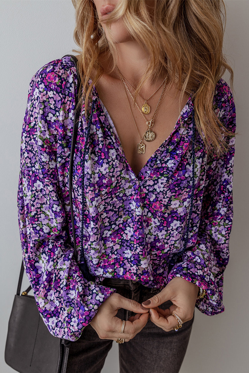 Purple Boho Ditsy Floral Split V Neck Bubble Sleeve Blouse