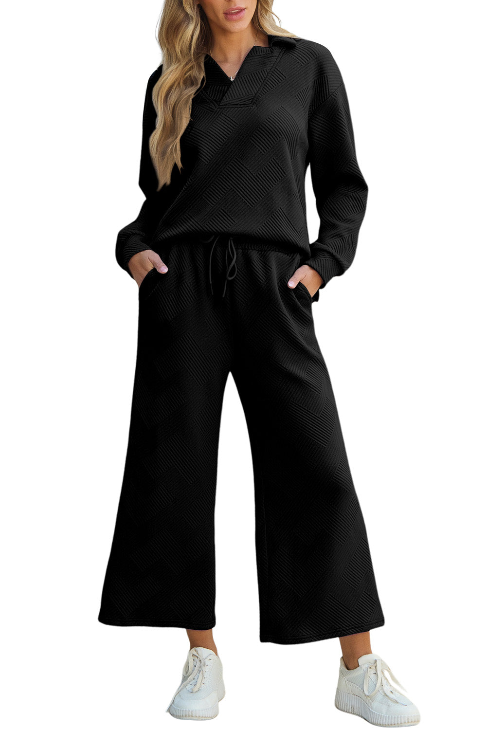 Bonbon Solid Textured Collared V Neck Top and Wide Leg Pants Set