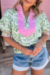 Green Leaves Pattern Colorblock V Neck Puff Sleeve Blouse
