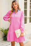 Pink Striped Collar Long Sleeve Ruffle Hem Dress