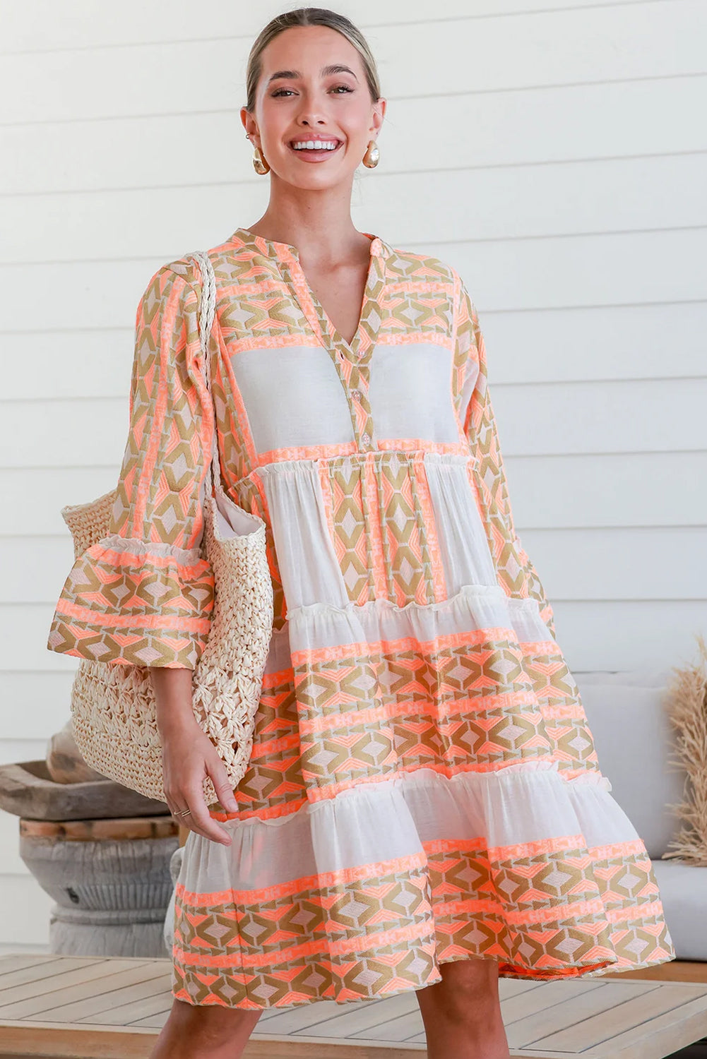 Orange Boho Geometric V-Neck Frill Tiered Mini Dress