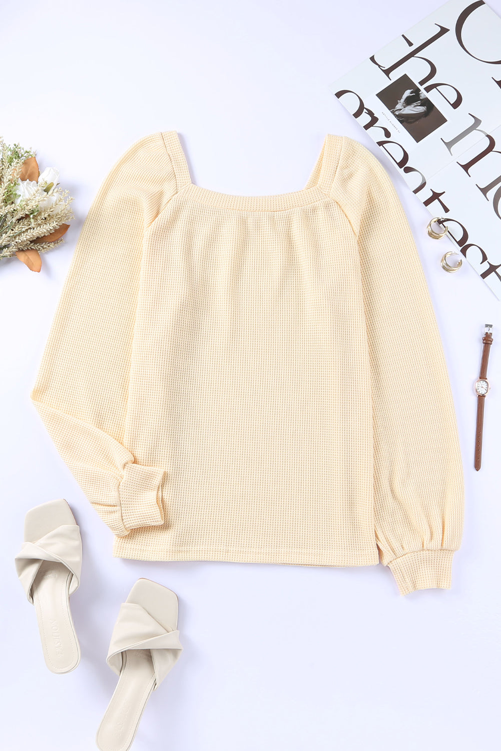 Brown Waffle Texture Casual Square Neck Pullover Top