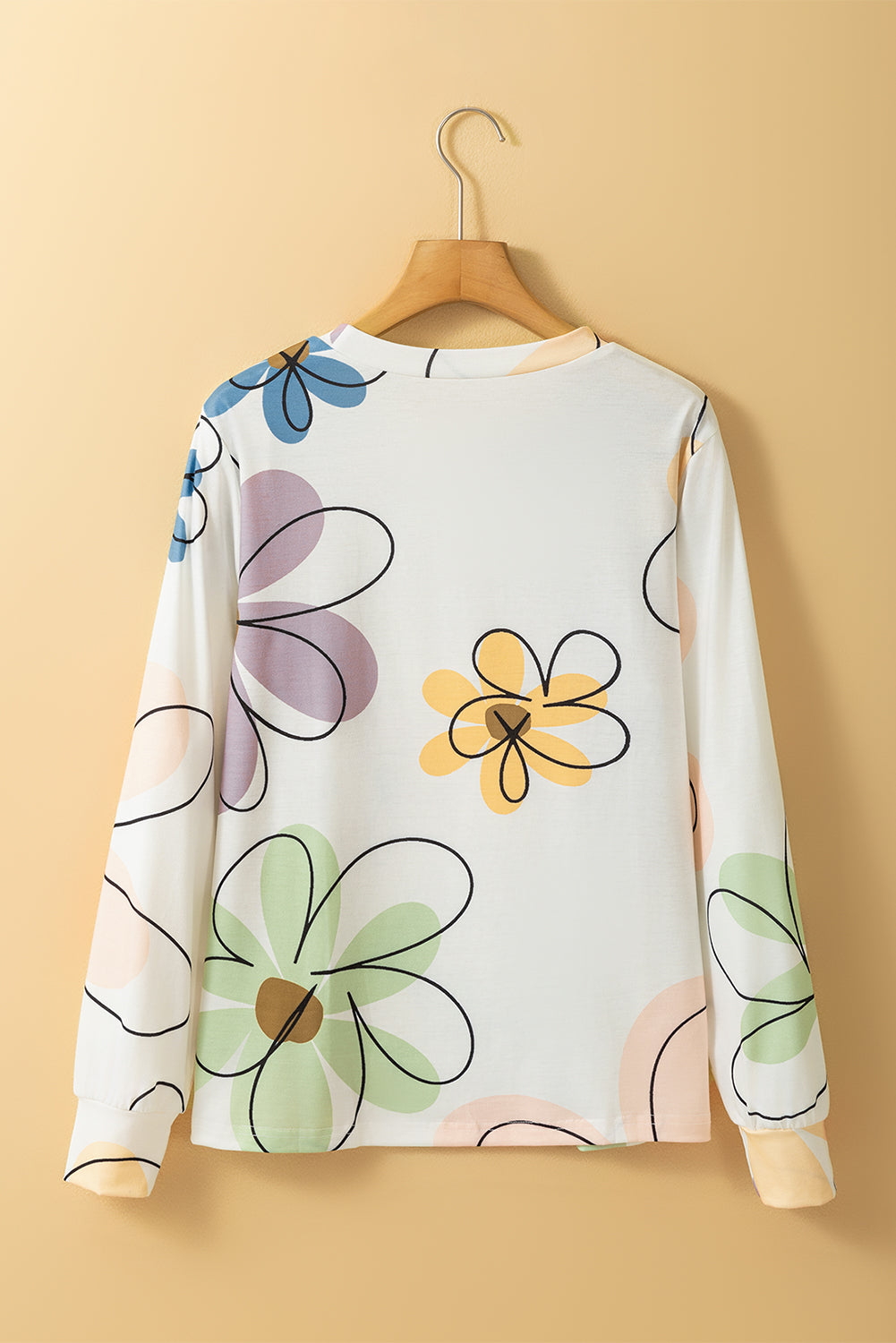 Beige Flower Print Long Sleeve T Shirt