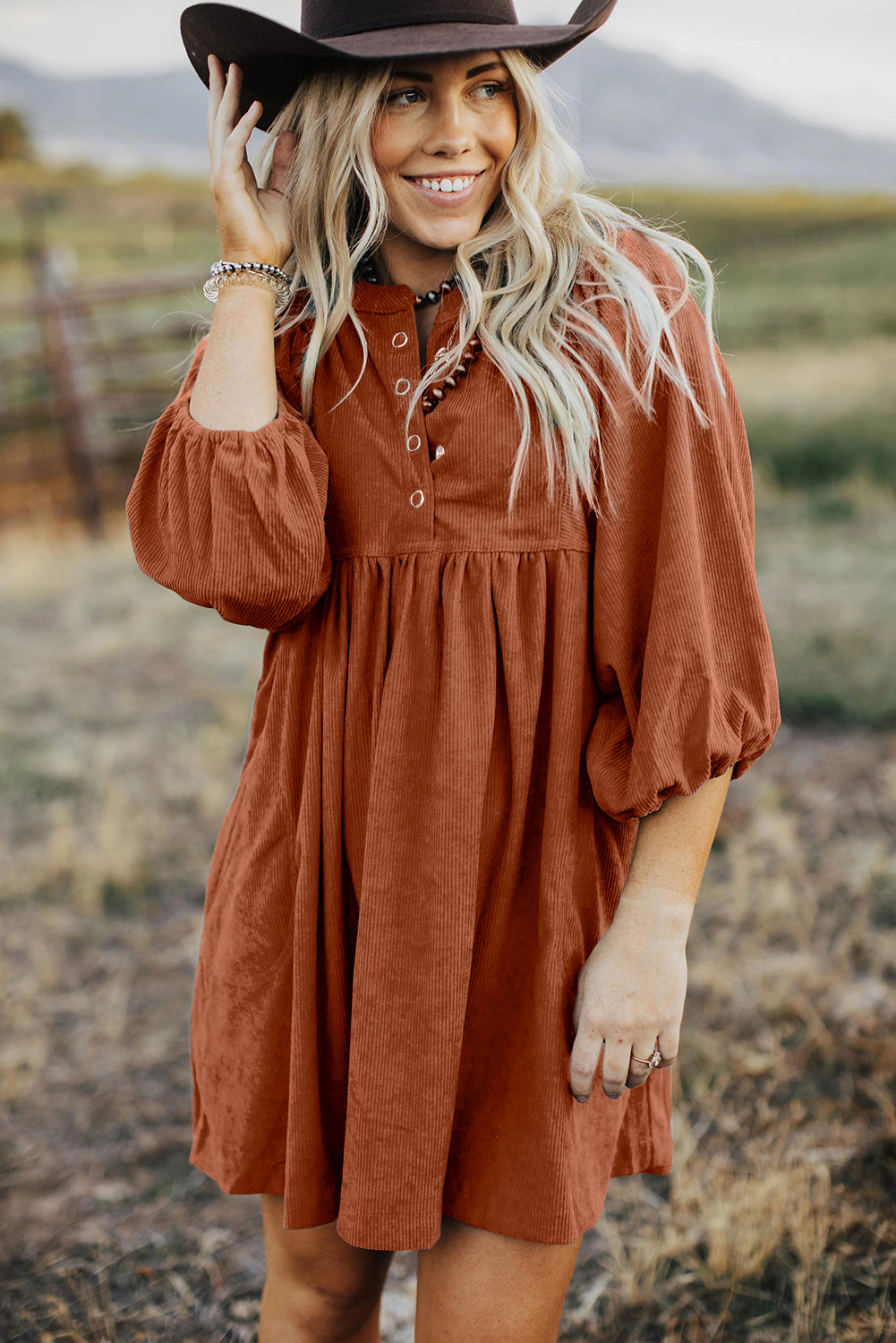 Light Blue Snap Button Empire Waist Lantern Sleeve Corduroy Dress