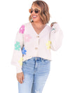 Beige Cute Flower V Neck Buttoned Plus Size Cardigan