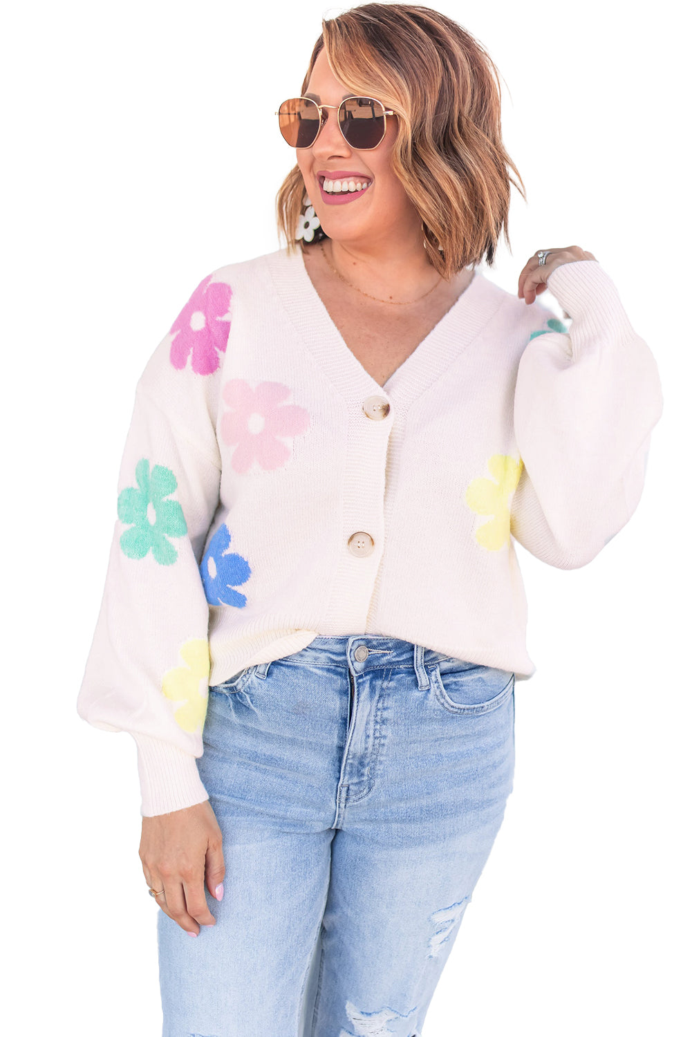 Beige Cute Flower V Neck Buttoned Plus Size Cardigan