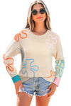 Jet Stream Contrast Flower Detail Colorblock Cuffed Loose Sweater